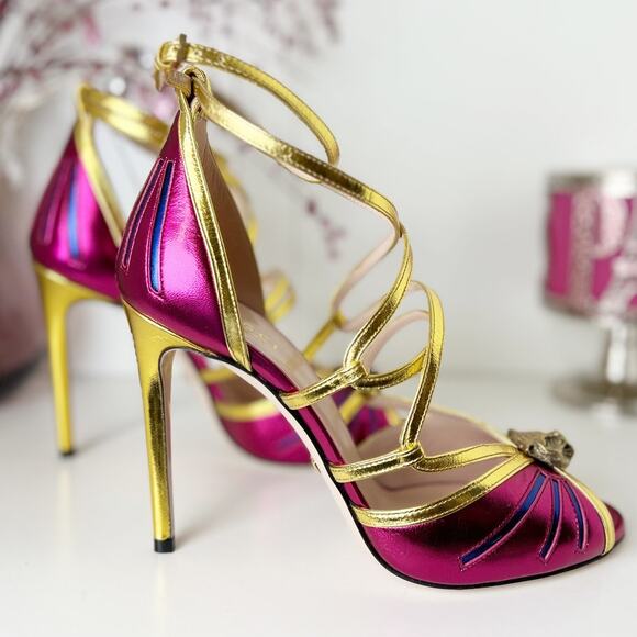 Gucci Tiger Head Metallic Pink Gold Leather Strappy Heels 8.5 NWB Made in Italy - Picture 3 of 16